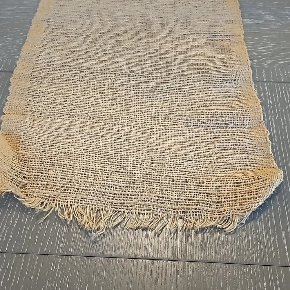 VINTAGE 2 piece Runner Tan Burlap w Fringe & Brown Weave. 72